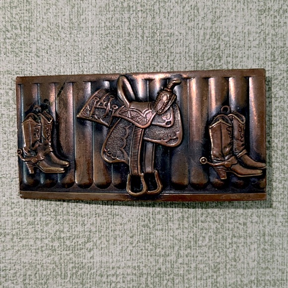 Vintage Belt Buckle with Cowboy , Boots & Horse Saddle , circa 1940's - Picture 1 of 4